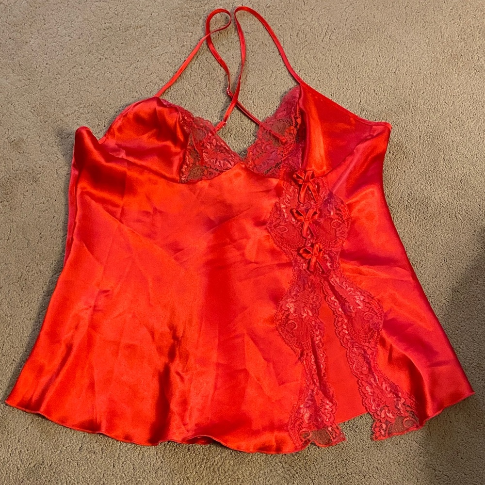 ***VINTAGE*** SHIRLEY OF HOLLYWOOD RED SATINY LINGERIE W/LACE DETAIL SIZE‎ L